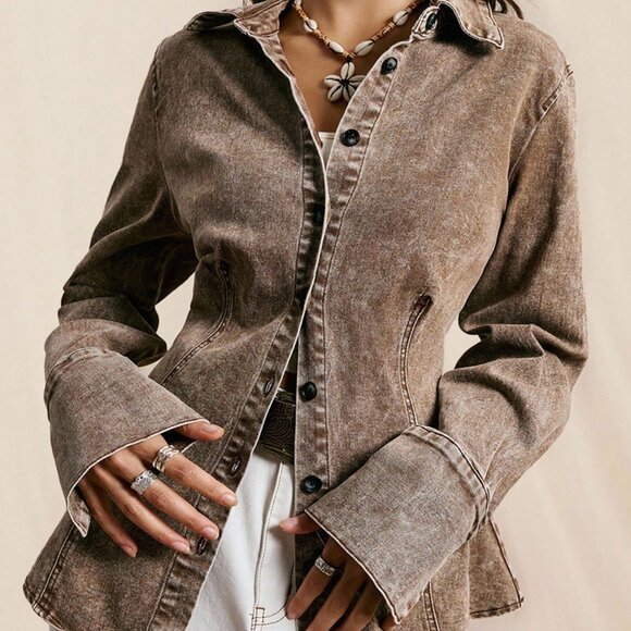 Brown Casual Western Women's Acid Wash Distressed Denim Jacket - Picture 5 of 7